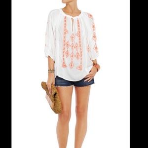 Melissa Odabash Embroidered Peasant Blouse Crop Top White Neon Coral Summery sz8